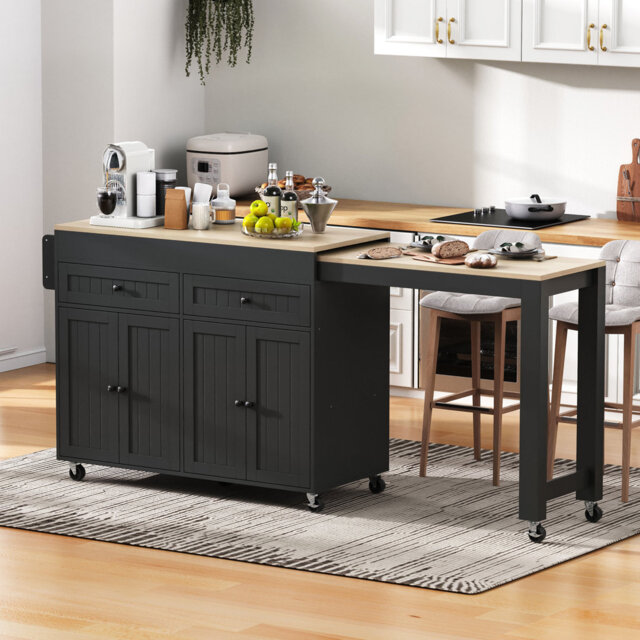 Kitchen Island With 4 Doors, 2 Drawers & Extendable Table