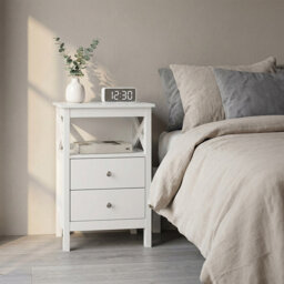 Bedside Table Wood Nightstand Cabinet 2 Storage Drawers Open Shelf White