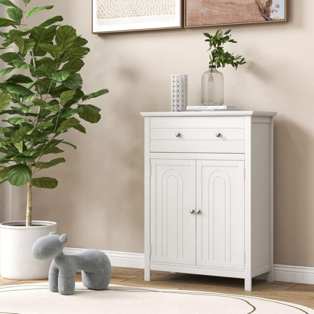 Bathroom Floor Cabinet, Wooden Storage Cupboard with Adjustable Shelf and Drawer, Double Door