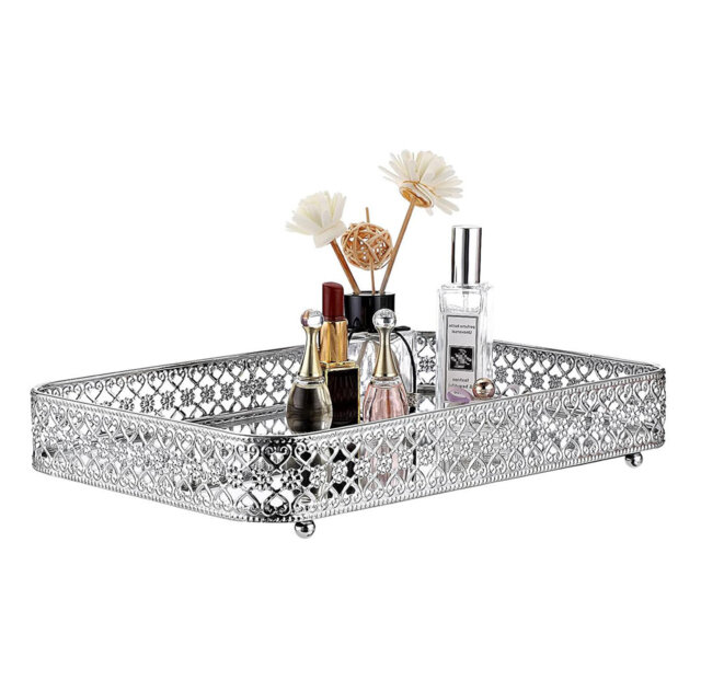 30x20cm Silver Vanity Mirror Tray - Jewelry/Trinket/Cosmetic Organizer for Dresser/Bathroom/Bedroom