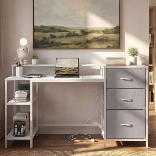 Computer Desk With 3 Drawers , Office Work Desk With 2 Sockets & Usb Ports, 144W*50D*87Hcm