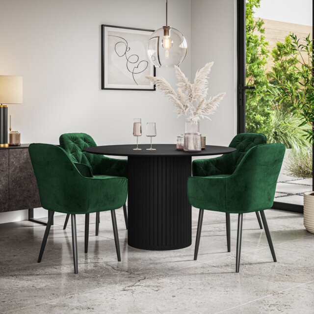 Arlo Black Table Top W Black Legs + Anika Velvet Dining Chair Green Set Of 4