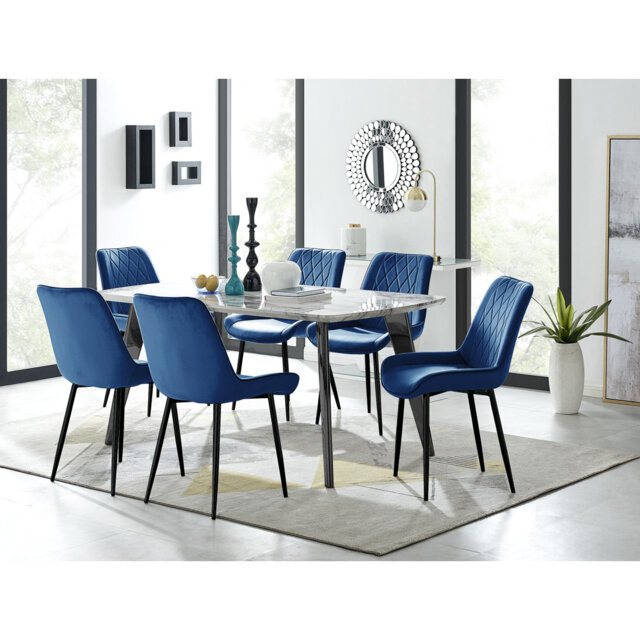 Anders Modern High Gloss Marble Effect Dining Table Set with 6 Luxury Velvet Dining Chairs