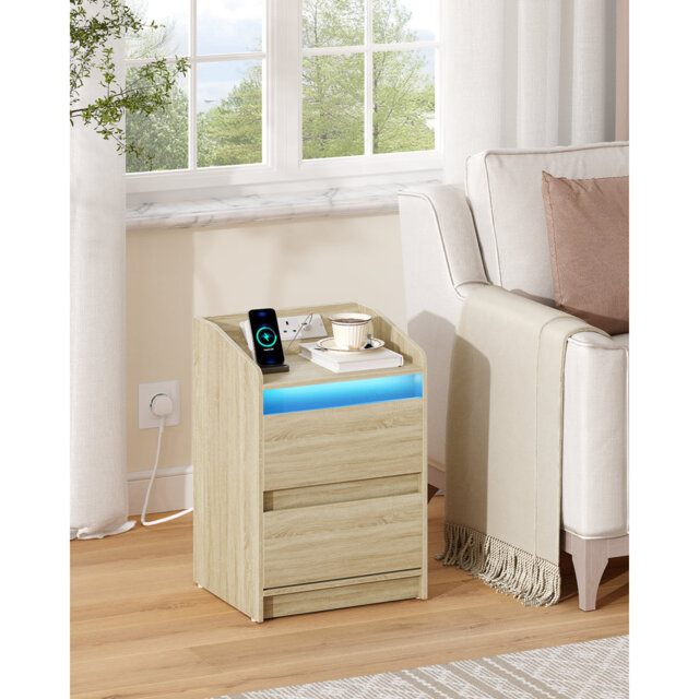 Bedside Table Set of 2 with LED Lights, Bedside Cabinet with Charging Station and 2 Drawers, Nightstand with USB Ports & Power Outlet for Living Room