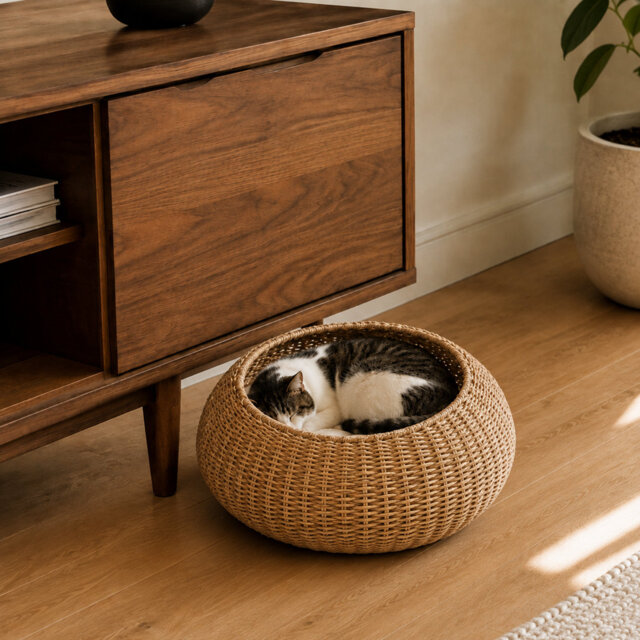 Canvas 50cm Wicker Pet Basket with Washable Cushion, Natural Seagrass Round Bed, Cozy Nest for Cats & Small Dogs