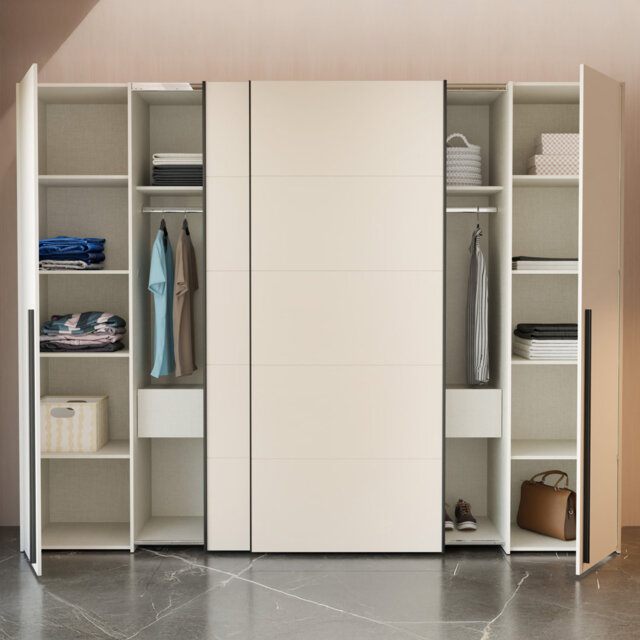 Modern wardrobe with 2 sliding and 2 turning doors, clothing rail and shelves, engineered wood, beige, 270.3 cm W x 210.5 cm H x 61.2 cm D