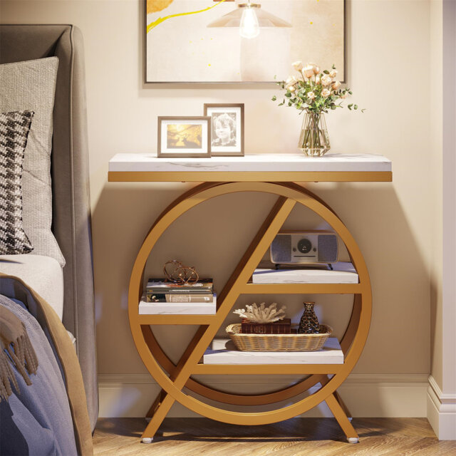 Side Table With Storage, Wood Sofa Side Table With Geometric Metal Frame, Industrial Nightstand And Bedside Table