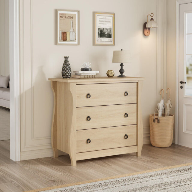 Modern 3 Drawer Dresser for Bedroom Natural Oak Chest of Drawer with Black Metal Ring Pull Handles Wooden Storage Cabinet for Living Room Entryway Hal