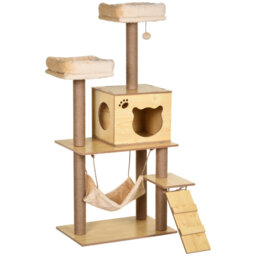 130cm Multi‑Level Plush Cat Tower with Five Jute Scratching Posts, Cat House & Hammock, Yellow