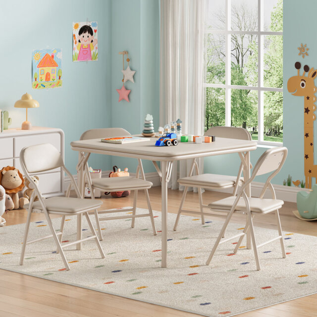 Collapsible Kids Table and Chairs Set – Upholstered PU Leather, Soft Cushions, Metal Frame, Easy to Clean – 5-Piece Activity Furniture for Playroom, B