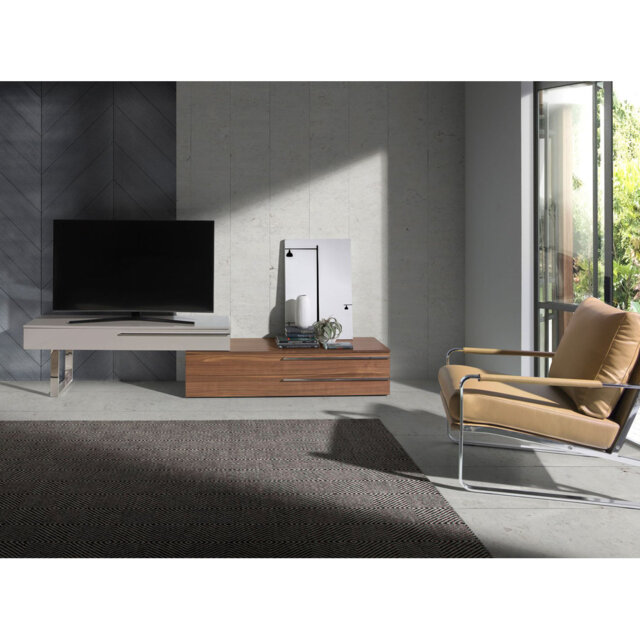 Beige wood, walnut and chrome plated steel TV unit