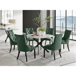 Tierra Modern Chrome Metal & Glass Round Dining Table Set with 6 Luxury Button Velvet Chairs