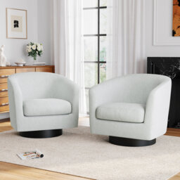 Upholstered Swivel Barrel Chair With Solid Wood Base