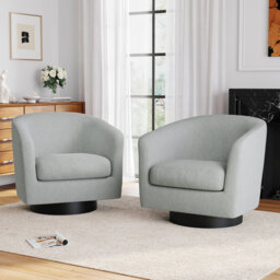 Upholstered Swivel Barrel Chair With Solid Wood Base