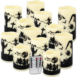 12-Pack Halloween Flameless LED Pillar Candles - Battery-Operated with Remote & Timer, Warm Flickering Light