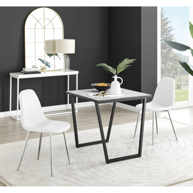 Industrial Design White & Grey Marble Effect Melamine Dining Table Set with 2 Faux Leather Chairs