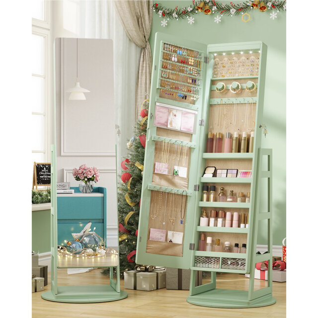 Swivel Jewelry Armoire with Full Length Mirror, Rear Storage Shelves, Lockable and 3-Color Lights