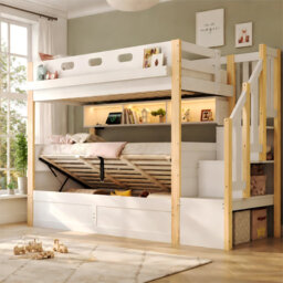 Kids Bunk Bed with Hydraulic Storage, Staircase & Smart Charging