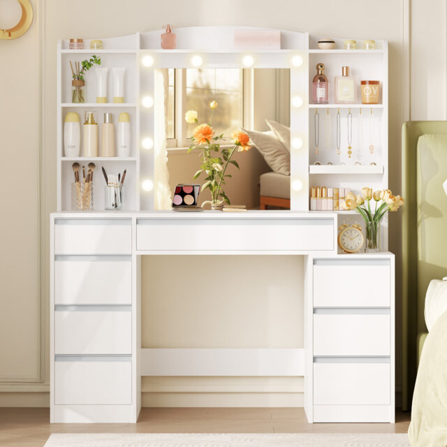 Dressing Table with 8 Drawers, Vanity Desk with Large Mirror and Colorful Lights, Adjustable Brightness, Makeup Desk with Jewelry Storage, 120 cm Tabl