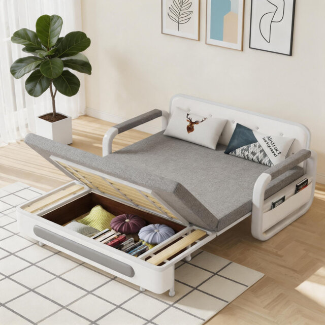 Space Saving Storage Sofa Bed - 2-Size Convertible Sleeper Sofa with Latex Mattress in Grey & White, Ideal for Flats & Living Rooms(1.28M) Metal Frame