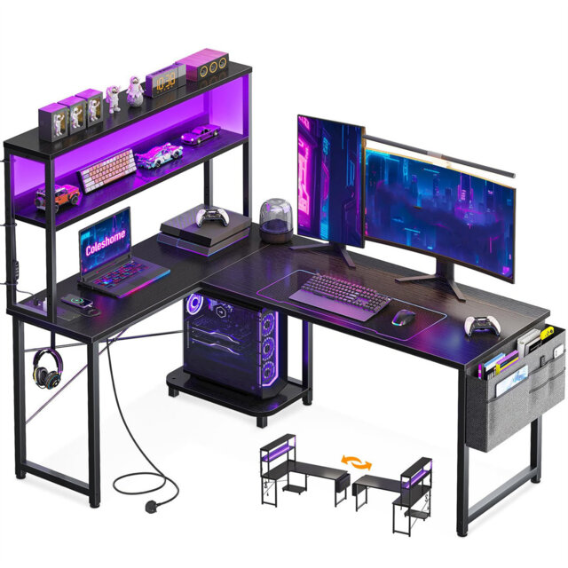 L Shaped Gaming Desk With LED Lights  Power Outlet,  Reversible Computer Desk With Shelves, Corner Desks With Storage Bag & Hook For Home Office