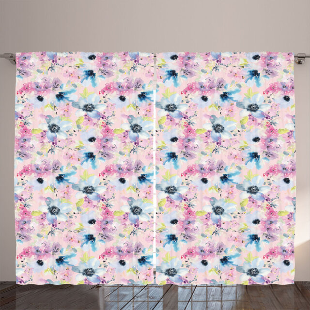 Rustic curtain, meadow hibiscus art, flowers boho, light pink pale azure blue