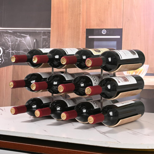 Countertop Wine Rack, 12 Individual Bottle Holder, 3 Level Wooden Wine Storage Rack, Wine Organizer Cabinet Pantry Home Kitchen Bar