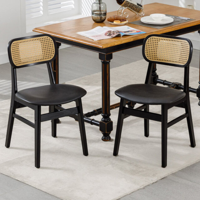 Almudena Mid-century Upholstered Rattan Dining Chairs Side Chair with Wooden Frame for Living Room Dining Room