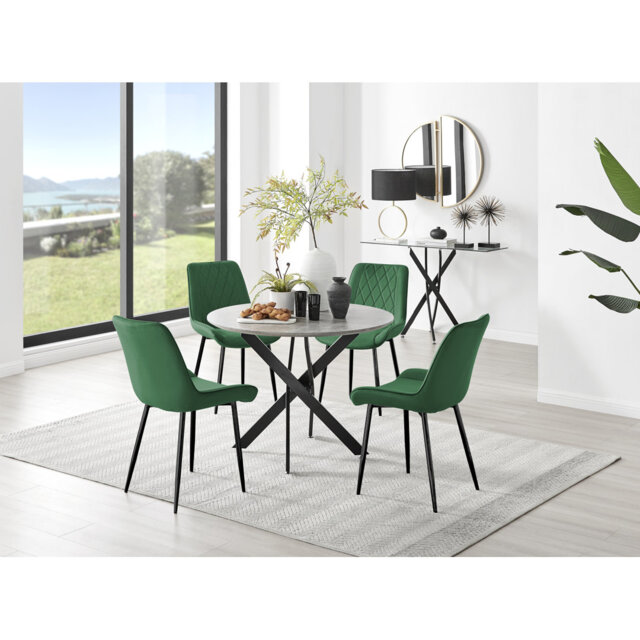 Tierra Modern Chrome Metal & Glass Round Dining Table Set with 4 Luxury Velvet Dining Chairs