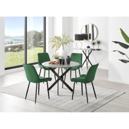 Tierra Modern Chrome Metal & Glass Round Dining Table Set with 4 Luxury Velvet Dining Chairs