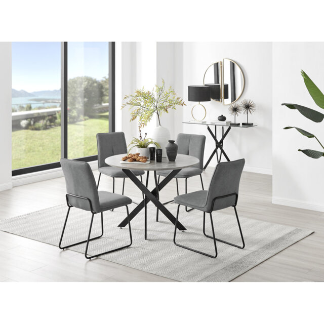 Tierra Modern Chrome Metal & Marble Effect Round Dining Table Set with 4 Chairs