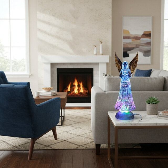 LED Swirling Glitter Angel Figurine with Golden Wings Home Decor