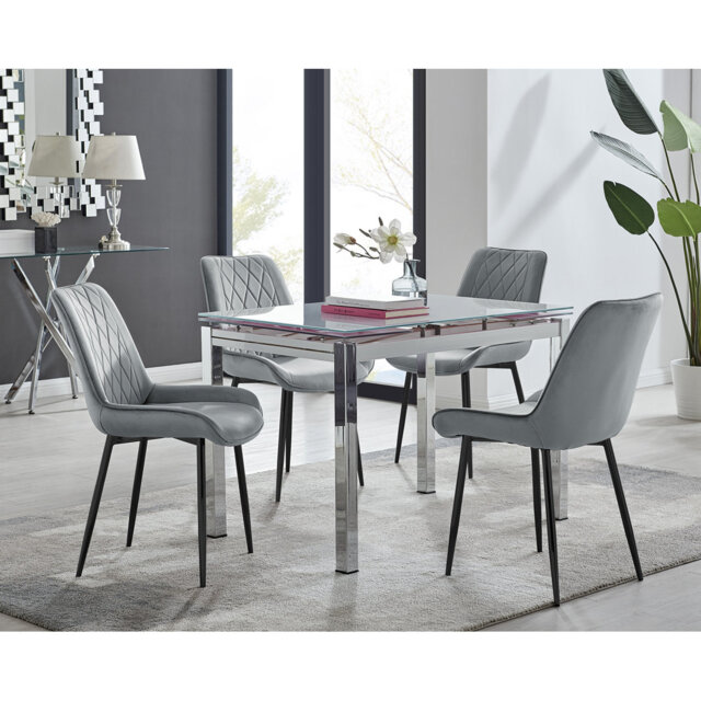 Tierra Modern Glass & Metal Extendable Dining Table Set & 4 Luxury Upholstered Velvet Dining Chairs