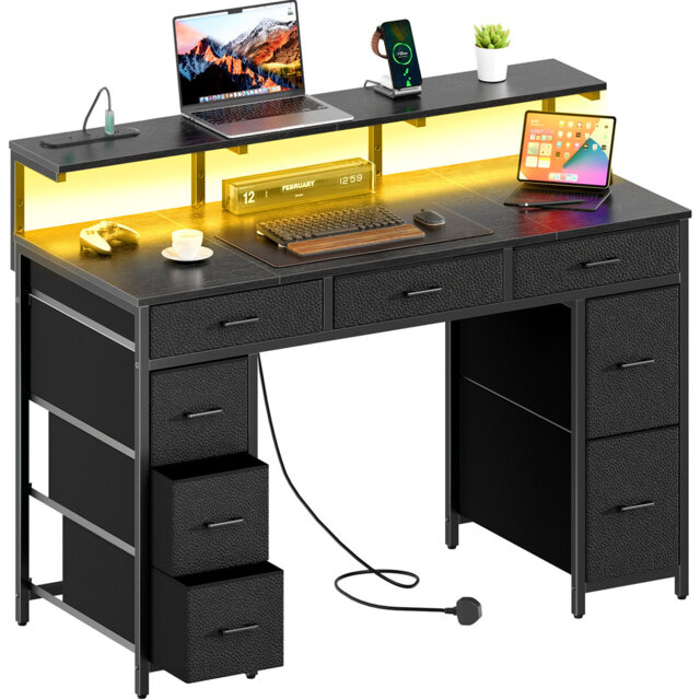 47 inch Computer Desk with 8 Storage Drawers, Gaming Desk with LED Lights & USB Power Outlets, Home Office Table with Monitor Stand, Study Writing Wor