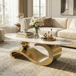 "51"" Luxury Oval Coffee Table with Base and Sintered Stone Top - Musical Note Shaped Base"
