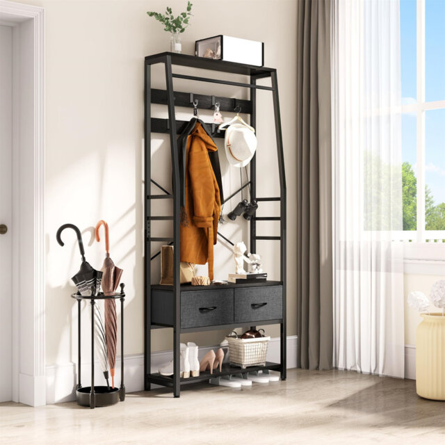 Coat Rack, 6-In-1 Hall Tree With 2 Drawers Floorstanding Coat Stand With Shoe Storage Wood And Matel Clothes Rail With 8 Hooks