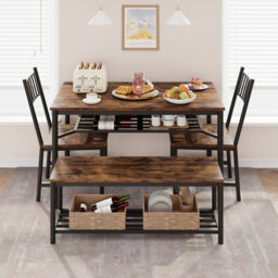 Space-Saving 4-Piece Dining Table Set – Rectangular Table with Storage Bench & Wine Rack – Ideal for Small Apartments & Studios – Modern Dining Furnit