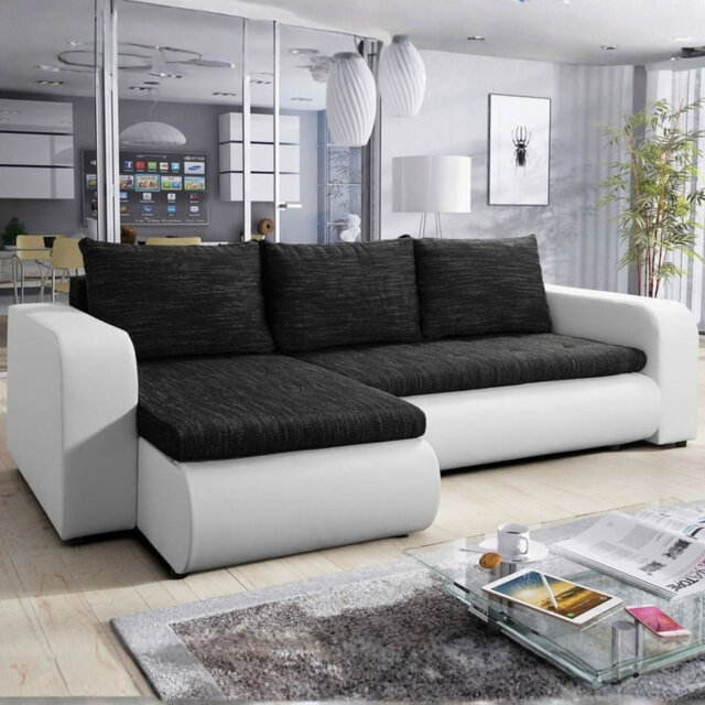 Brooklyn L Shaped Corner Sofa Bed with Storage Reversible Design and Pull Out Sleep Function White and Black