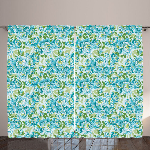 Rustic curtain, peonies and greenery, garden scene, pale azure blue green