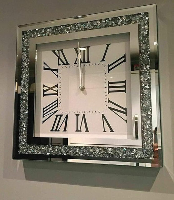 SQUARE LOOSE DIAMANTE MIRRORED WALL CLOCK CRUSHED JEWEL ROMAN NUMBER GLASS CLOCK 35CM