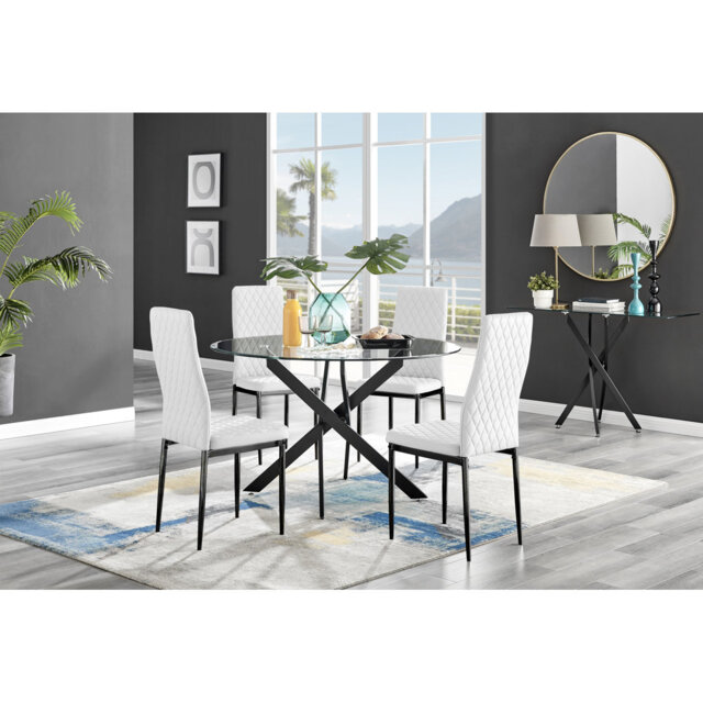 Tierra Modern Chrome Metal & Glass Round Dining Table Set with 4 Quilted Faux Leather Chairs