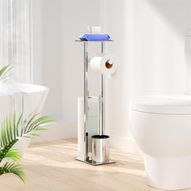 Toilet Roll Holder With Toilet Brush - Toilet Roll Holder Free Standing With Shelf For Wet Wipes, Toilet Roll And Brush Holder Free Standing
