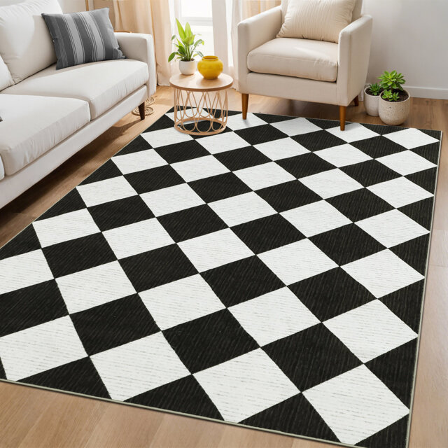 Soft Diamond Checkered Runner Rug - Pastel Color Washable Thin Carpet - Non-Slip Buffalo Plaid Entryway, Bedroom, Hallway, Laundry, Powder Room Mat