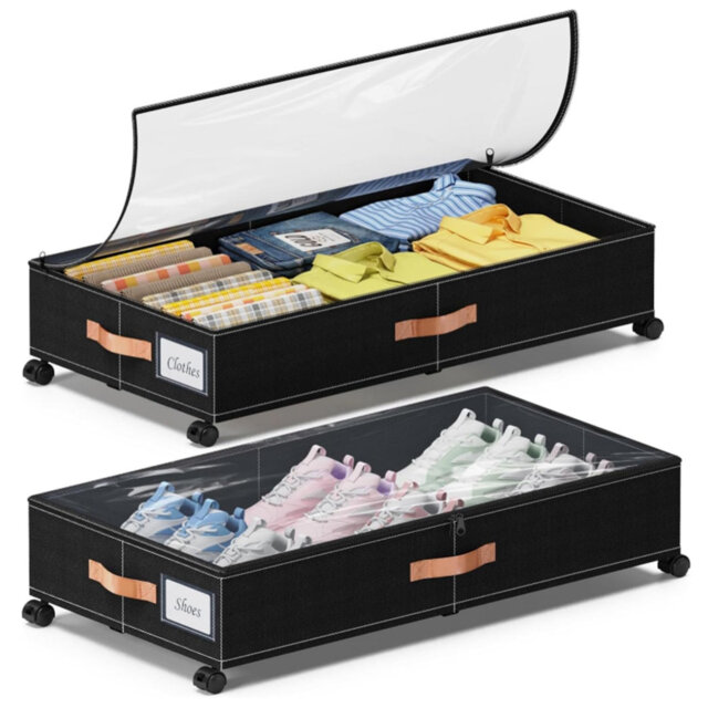 2 Pack Under Bed Storage Boxes With Clear Lid & Wheels - Black Metal Frame Storage Containers With Dividers - Organizer For Clothes, Shoes, Toys, Blan