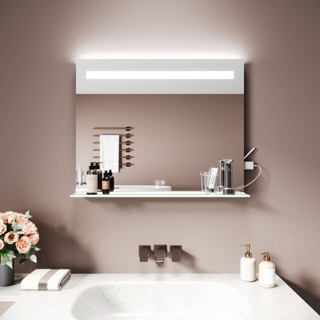 Anti-Fog Bathroom Mirror with LED Light Core, Frosted Tempered Glass Shelf