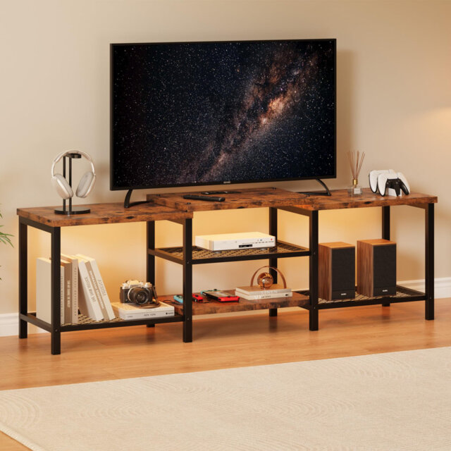 Industrial TV Stand for TVs Up to 70 Inch, Large Entertainment Center with Power Outlets, Led Lights, Open Storage Shelves, Modern Media Console Table