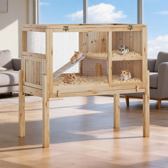 "Wooden Guinea Pig Cage Indoor with Stand, 38"" 2-Story Rabbit Hutch with Ramp, Leak-Proof Pull-Out Tray, Lockable Door"