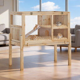 "Wooden Guinea Pig Cage Indoor with Stand, 38"" 2-Story Rabbit Hutch with Ramp, Leak-Proof Pull-Out Tray, Lockable Door"