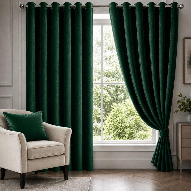Emerald Velvet Eyelet Curtains Room Darkening Window Panels Soft Touch Pair