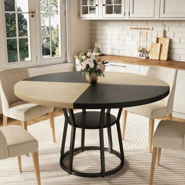 47 in Round Dining Table for 4-6, Farmhouse Wooden Kitchen Table with Storage Shelf & Iron Legs, 500 LB Capacity, for Dining Room Apartment, Black & N